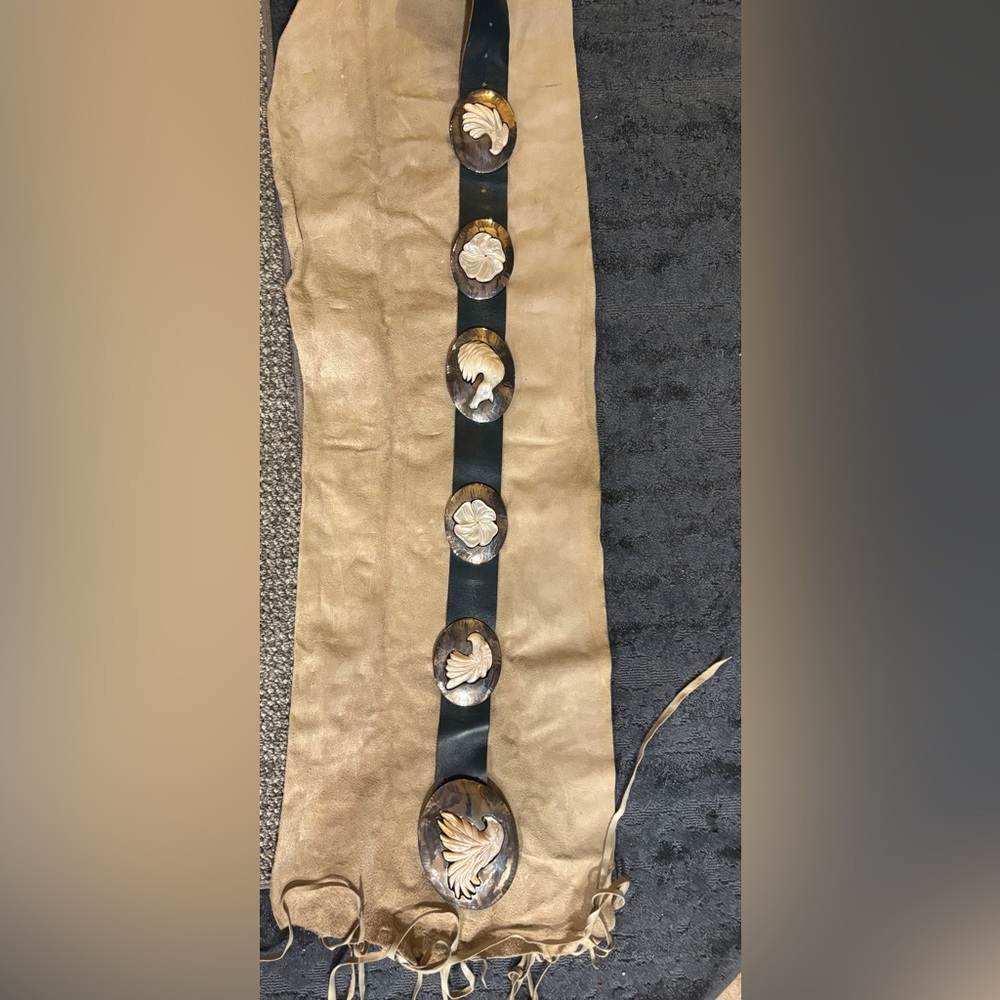 Artisan Black Leather Belt with Gold Floral Accents